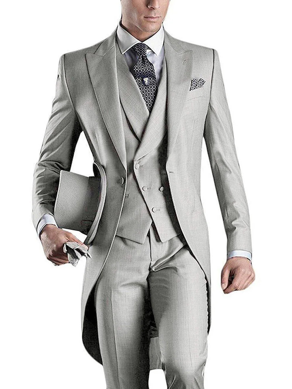 Men's slim fit 3-piece wedding tuxedo with peaked lapel from SOLOVEDRESS by SHOWLU FASHION STORE, shown in dark fabric with formal design.