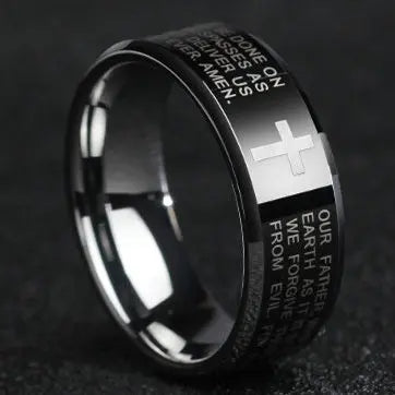Titanium steel Christian cross Bible ring with 8mm unisex band, featuring engraved religious symbols and a sleek modern design.