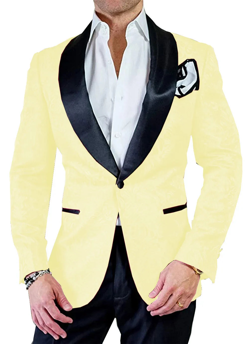 Men's white jacquard tuxedo by SHOWLU FASHION STORE, 2-piece skinny fit wedding suit, features elegant jacquard pattern and tailored fit.