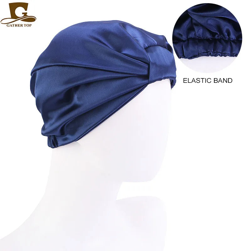Silky satin sleep bonnet cap for women with double-layer knotted design, ideal for nursing, chemo, or daily head covering.