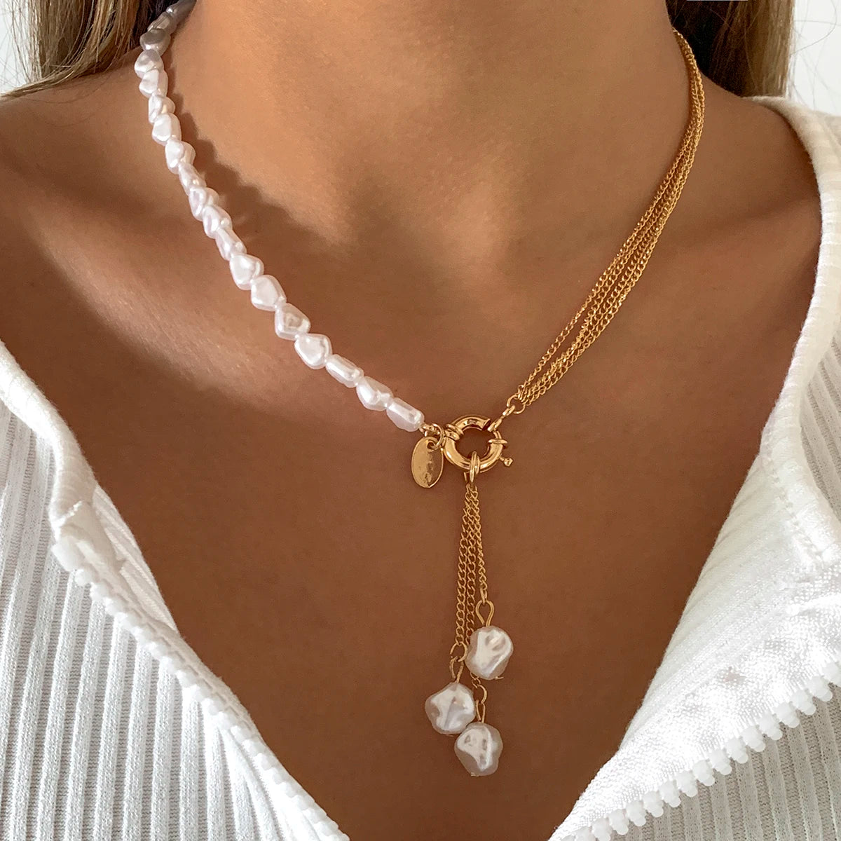 Baroque simulated pearl long tassel pendant necklace for women with beaded link chain, trendy lariat wedding jewelry.