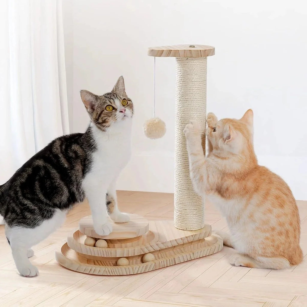 Showlu solid wood cat scratching board with climbing frame, eco-friendly design, natural wood finish for cats to scratch and climb.