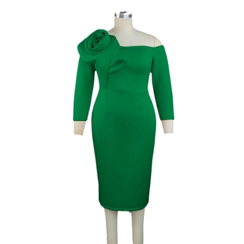 Plus size V-neck 3D lace midi bodycon dress by Showlu Fashion, featuring a fitted silhouette and elegant design.