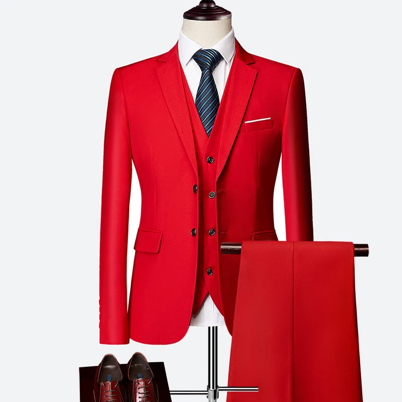 Men's wedding suit by Showlu Fashion, a formal three-piece Korean slim fit tuxedo with jacket, vest, and trousers for grooms.