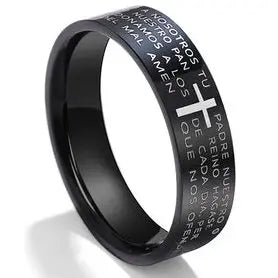 Titanium steel Christian cross Bible ring with 8mm unisex band, featuring a sleek mango sky design and religious engraving.