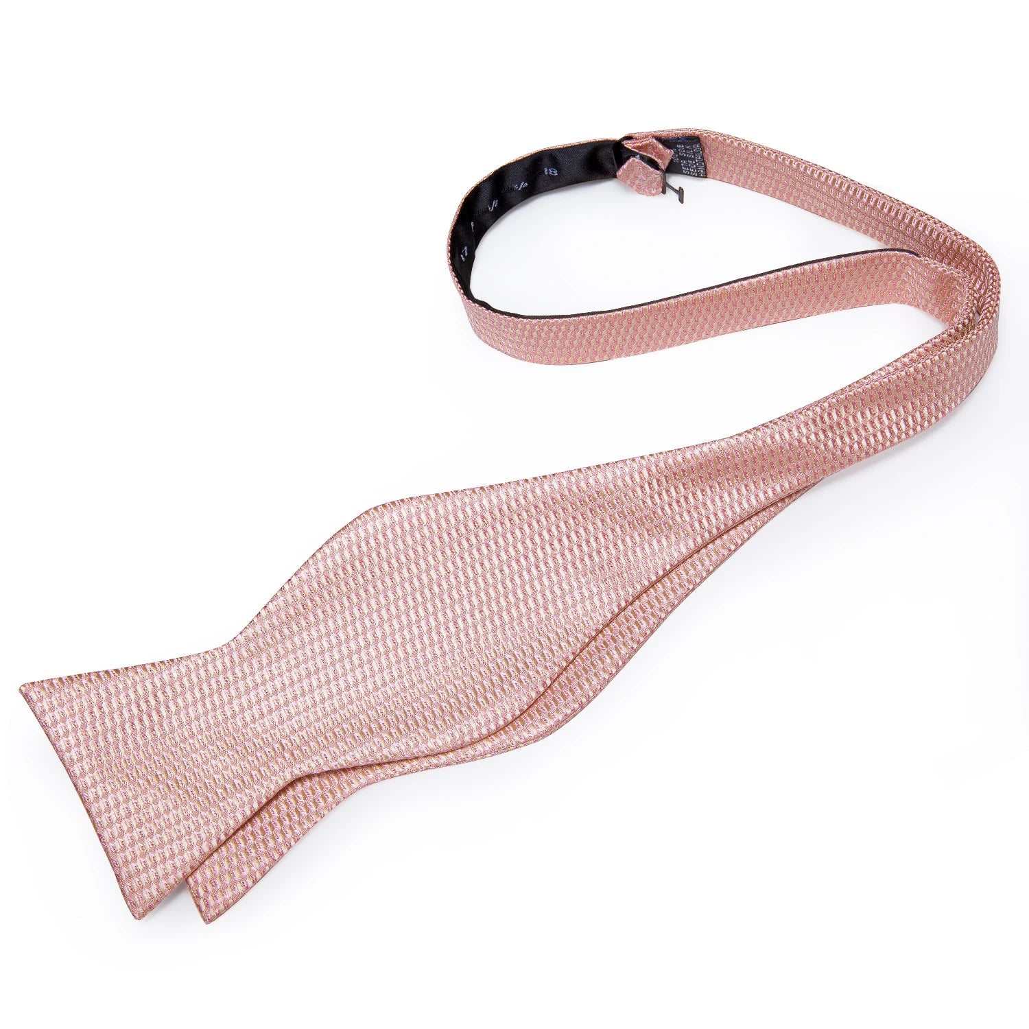 DiBanGu men's pink solid bow tie set with pocket square and cufflinks, suitable for wedding attire, shown in close-up detail.