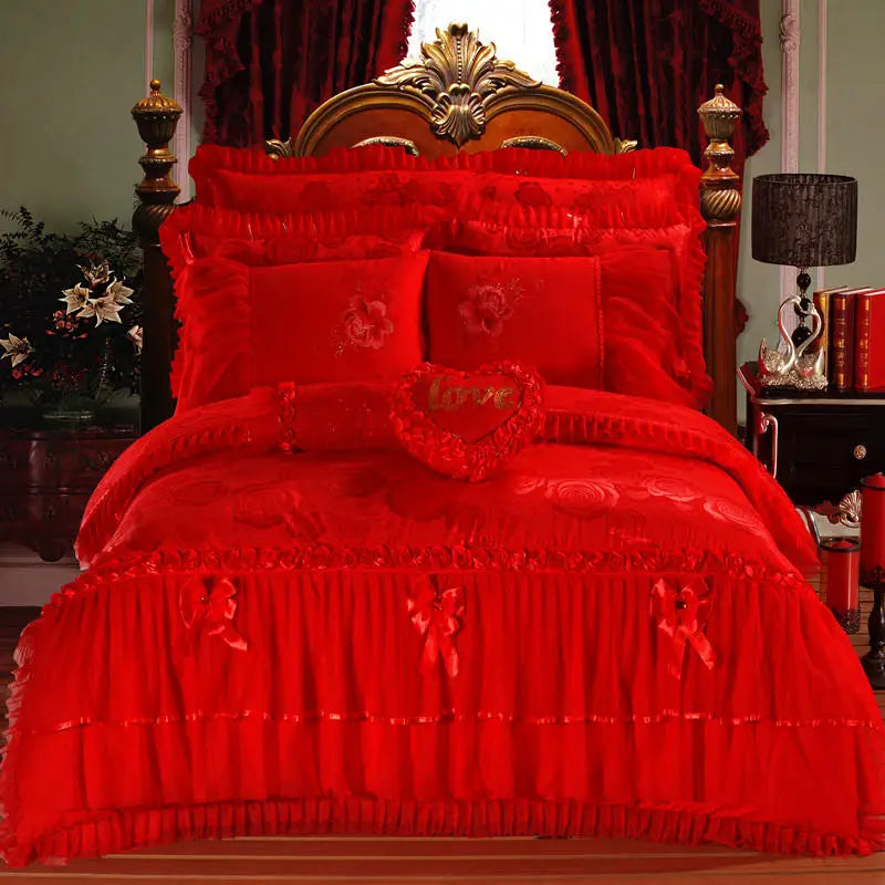 Red Jacquard Satin Cotton Bedding Set, Luxury Chinese Wedding Princess Heart-Shaped Lace Duvet Cover, Bed Sheet, Pillowcases