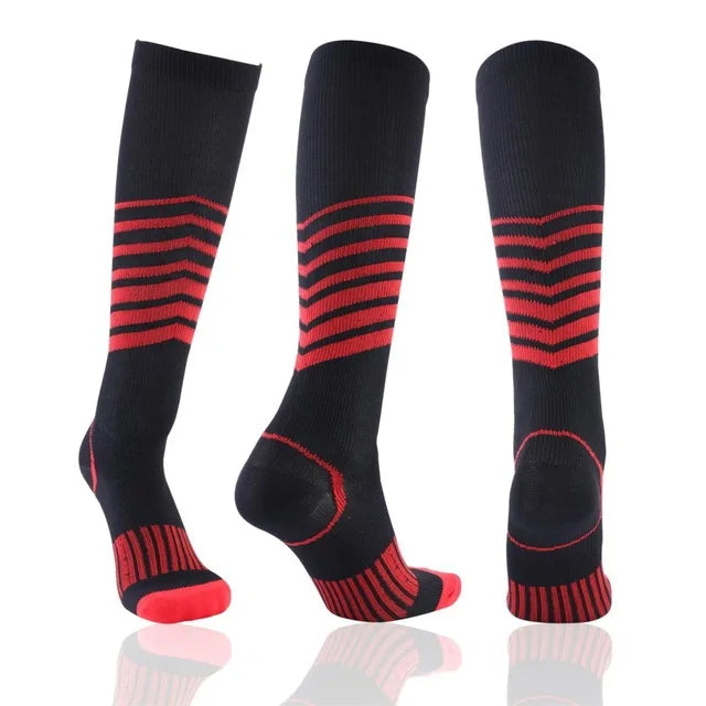 Black compression socks for men and women by Showlu Fashion, designed for football, anti-fatigue, pain relief, and sport performance.