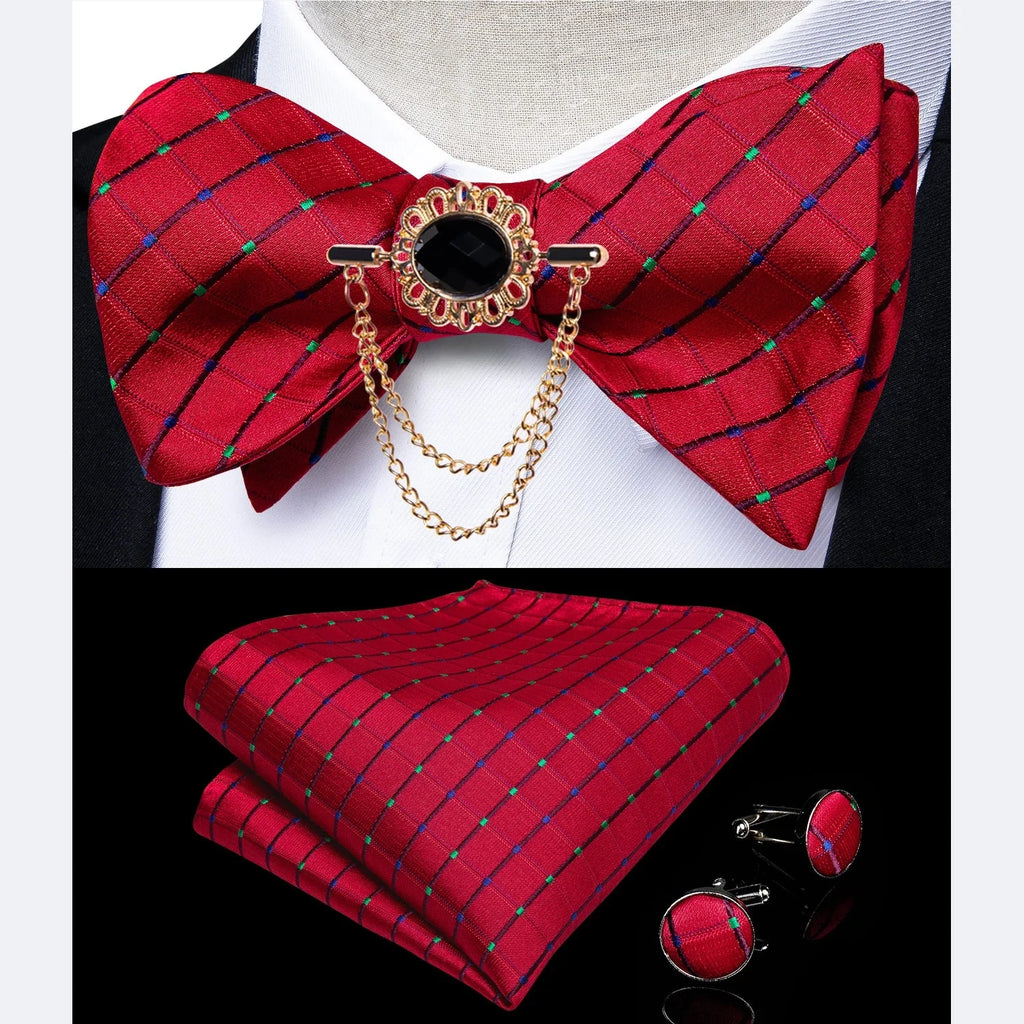 Pink plaid silk self-tie bow tie set with brooch and handkerchief, stylish men's accessory by SHOWLU FASHION STORE.