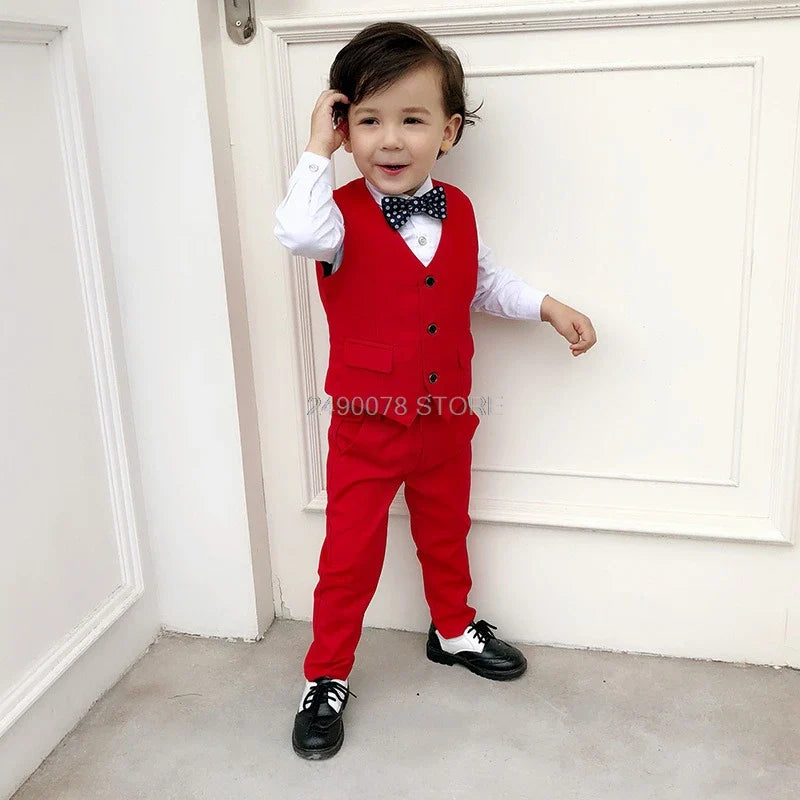 LUOBOBEIBEI boys 3-piece wedding suit set including tuxedo jacket, pants, and vest, perfect for formal occasions and weddings.