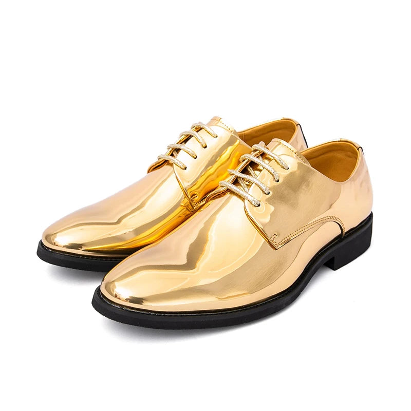 Men's mirror finish Derby Oxford shoe in big size with pointed toe and lace-up design, ideal for business or wedding occasions.