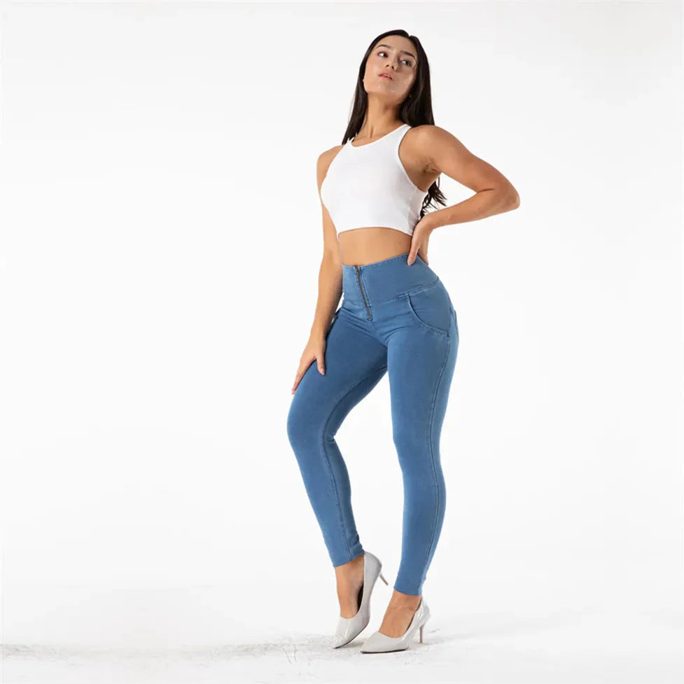 Light blue Shascullfites Melody high waist push-up skinny denim jeans, showcasing fit and stylish design from SHOWLU FASHION STORE.