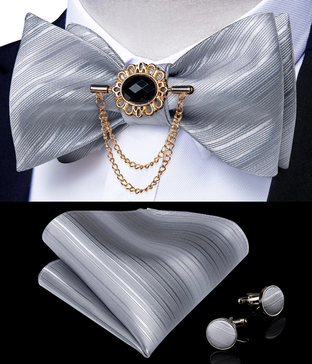 Pink plaid silk self-tie bow tie set with brooch and handkerchief, stylish accessory from SHOWLU FASHION STORE
