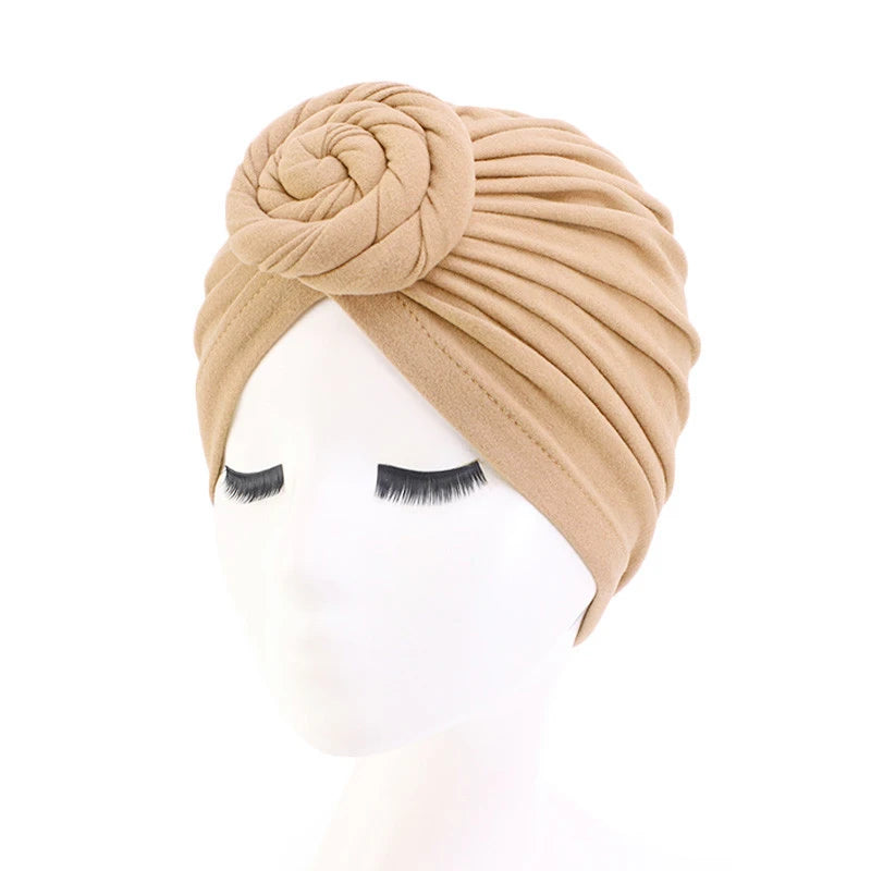 Women’s cotton knotted turban hat and hijab bonnet with headbands, night cap, and hair accessories for Muslim women.