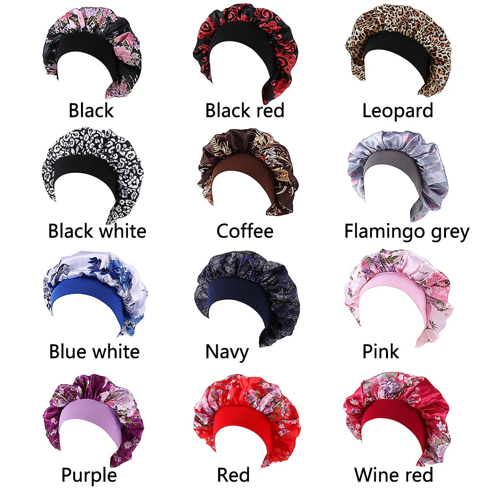 Showlu Fashion satin women's sleep bonnet with elastic wide band, designed for hair care and night protection.
