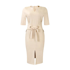 D3229 Foreign Trade Women's Dress 2023 Autumn V-neck Solid Color Bag Temperament Elegant Ol Tongle Pencil Skirt African