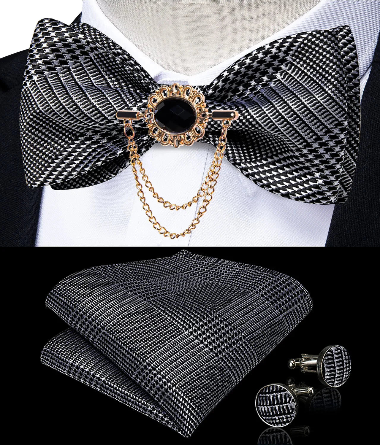Pink plaid silk self-tie bow tie set with brooch and handkerchief, featuring a stylish accessory from SHOWLU FASHION STORE.