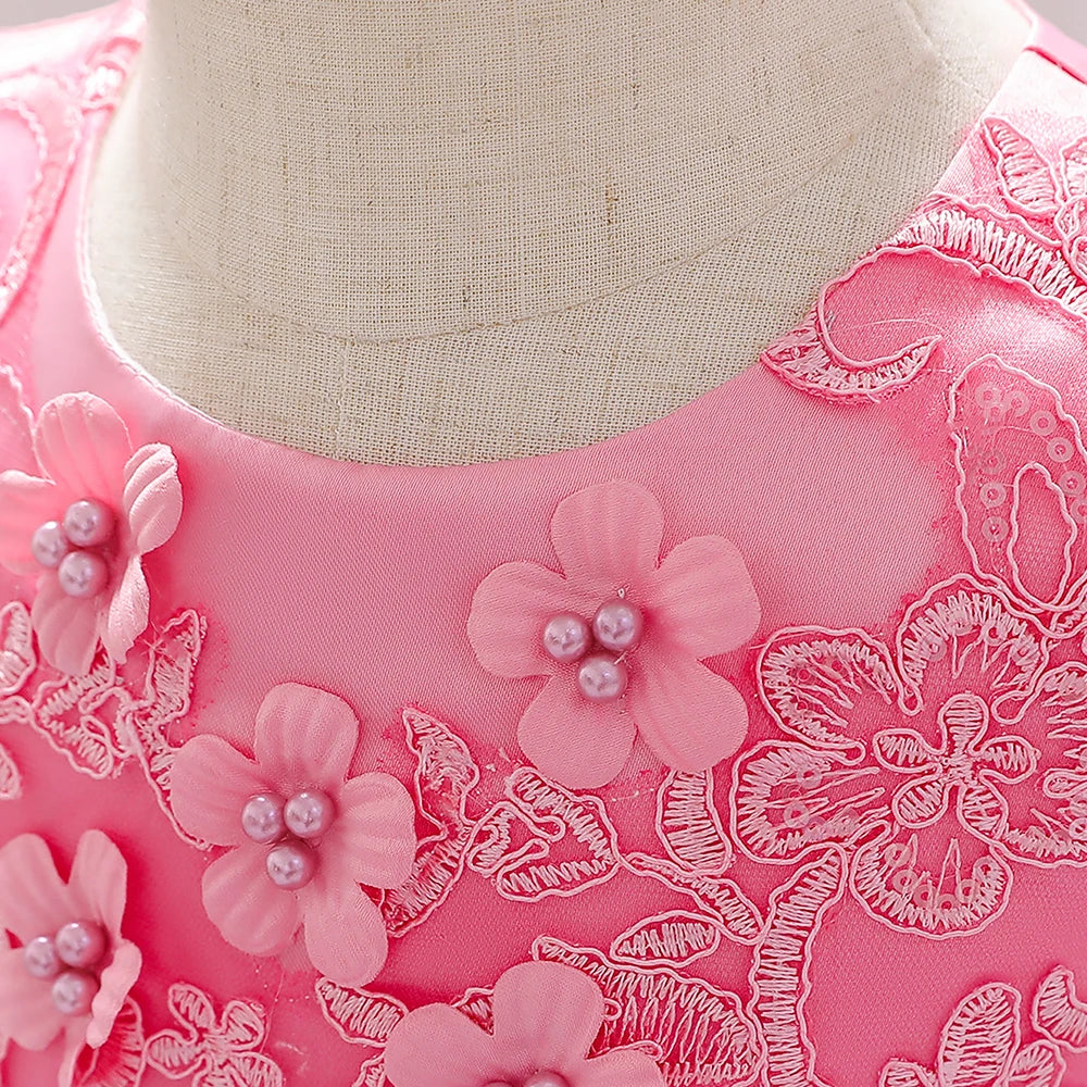 Baby girl white tulle flower dress by Showlu Fashion Store, perfect for baptism or first birthday celebrations.