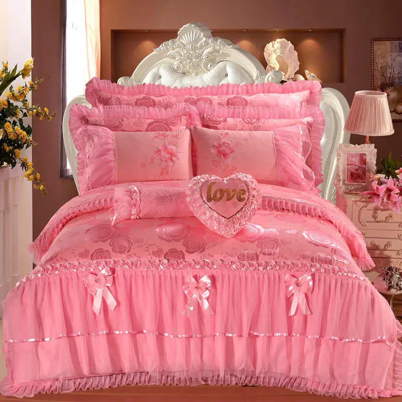 Red Jacquard Satin Cotton Bedding Set, Luxury Chinese Wedding Princess Heart-Shaped Lace Duvet Cover, Bed Sheet, Pillowcases