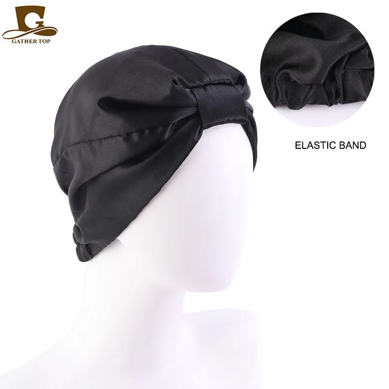 Silky satin sleep bonnet for women with double-layer design, knotted headband, ideal for nursing, chemo care, and hair protection.