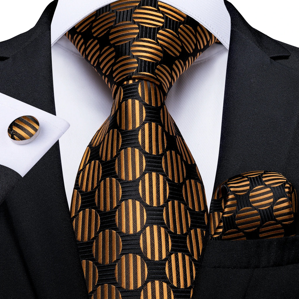 Gift Men Tie Luxury Gold Black Striped Paisley Silk Wedding Tie For Men DiBanGu Designer Hanky Cufflinks Fashion Tie Set