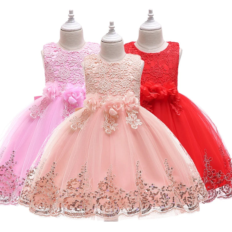 Girls' summer lace princess dress by Showlu Fashion, floral tutu gown for ages 2-12, perfect for birthday parties and special occasions.