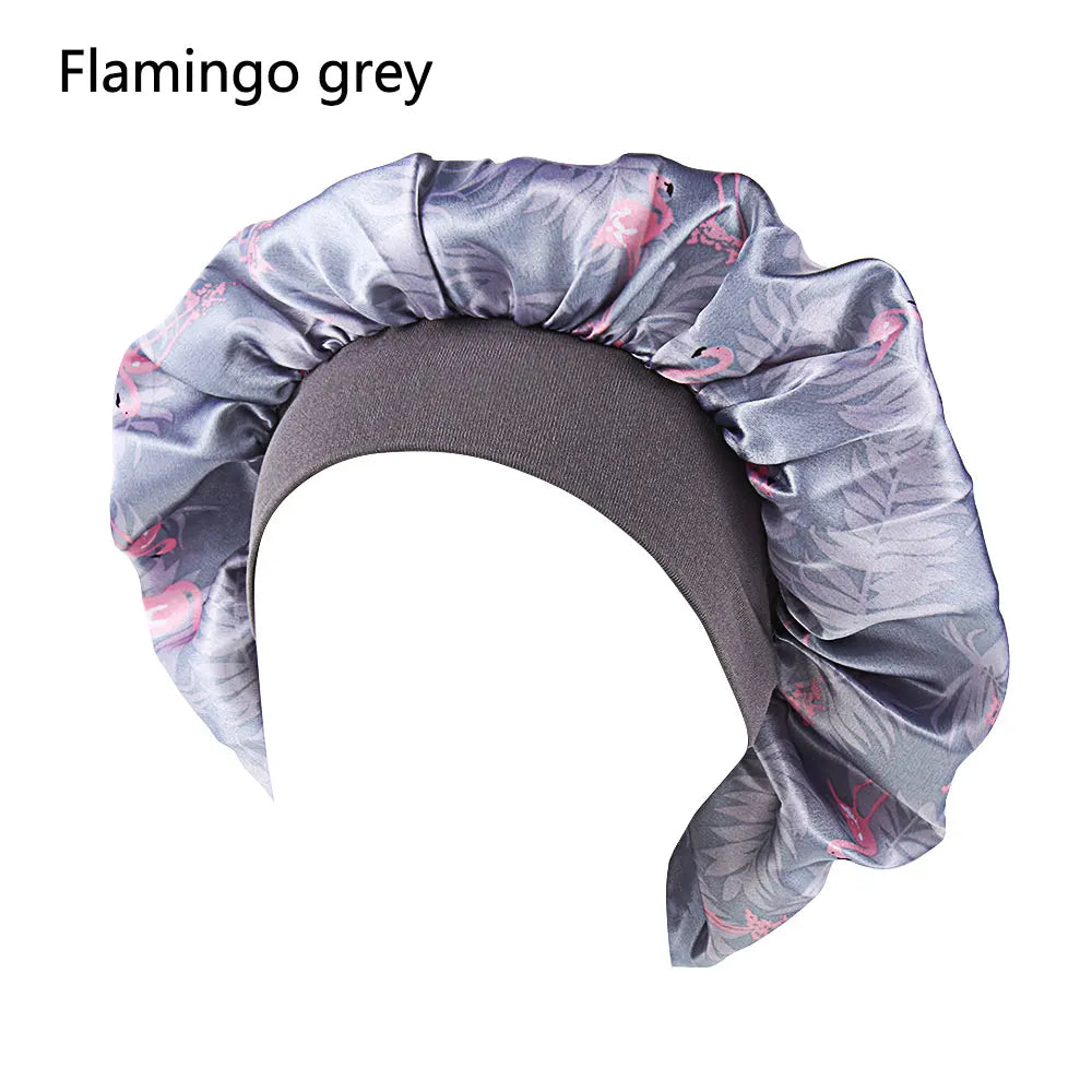 Showlu Fashion satin bonnet for women with elastic wide band, designed for sleep, hair loss coverage, and nighttime hair care.