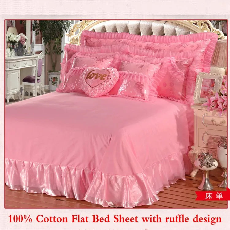Red Jacquard Satin Cotton Bedding Set, Luxury Chinese Wedding Princess Heart-Shaped Lace Duvet Cover, Bed Sheet, Pillowcases