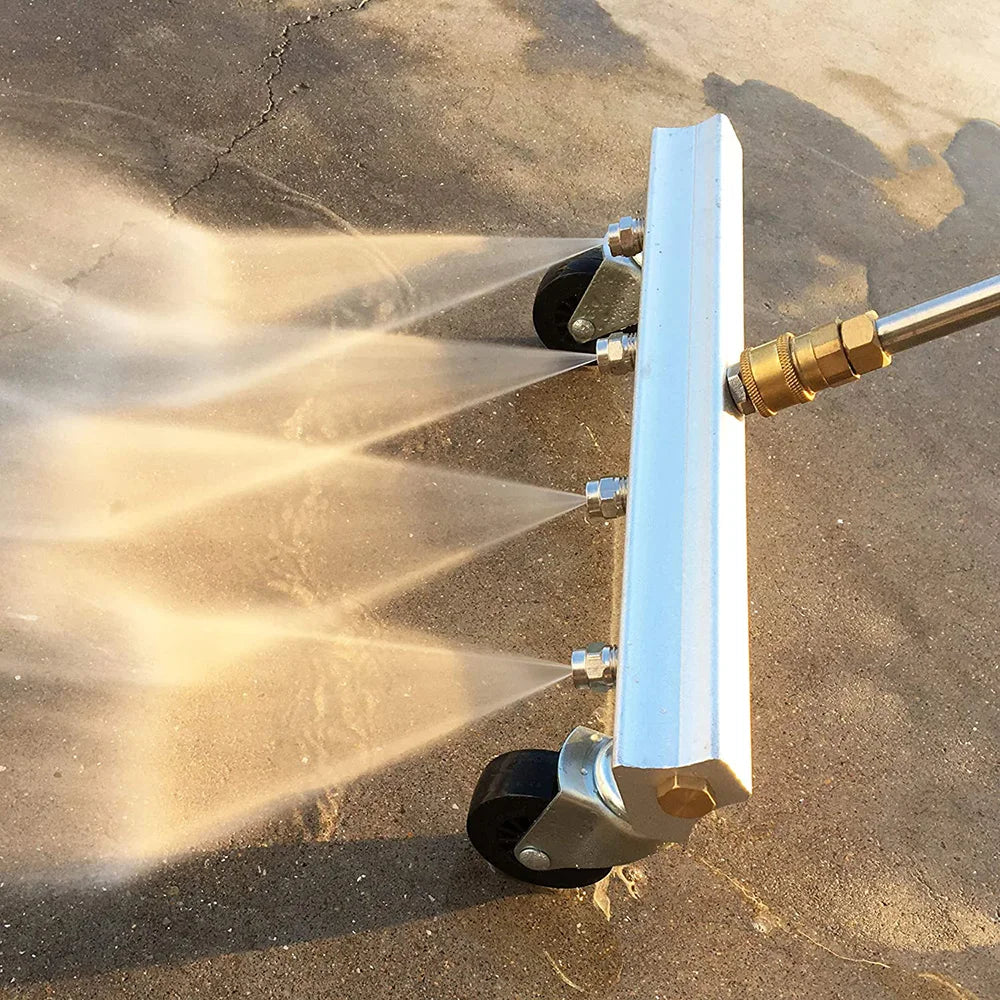 Showlu Smart General pressure washer patio cleaner attached to a garden hose, ready for outdoor cleaning on a paved surface.