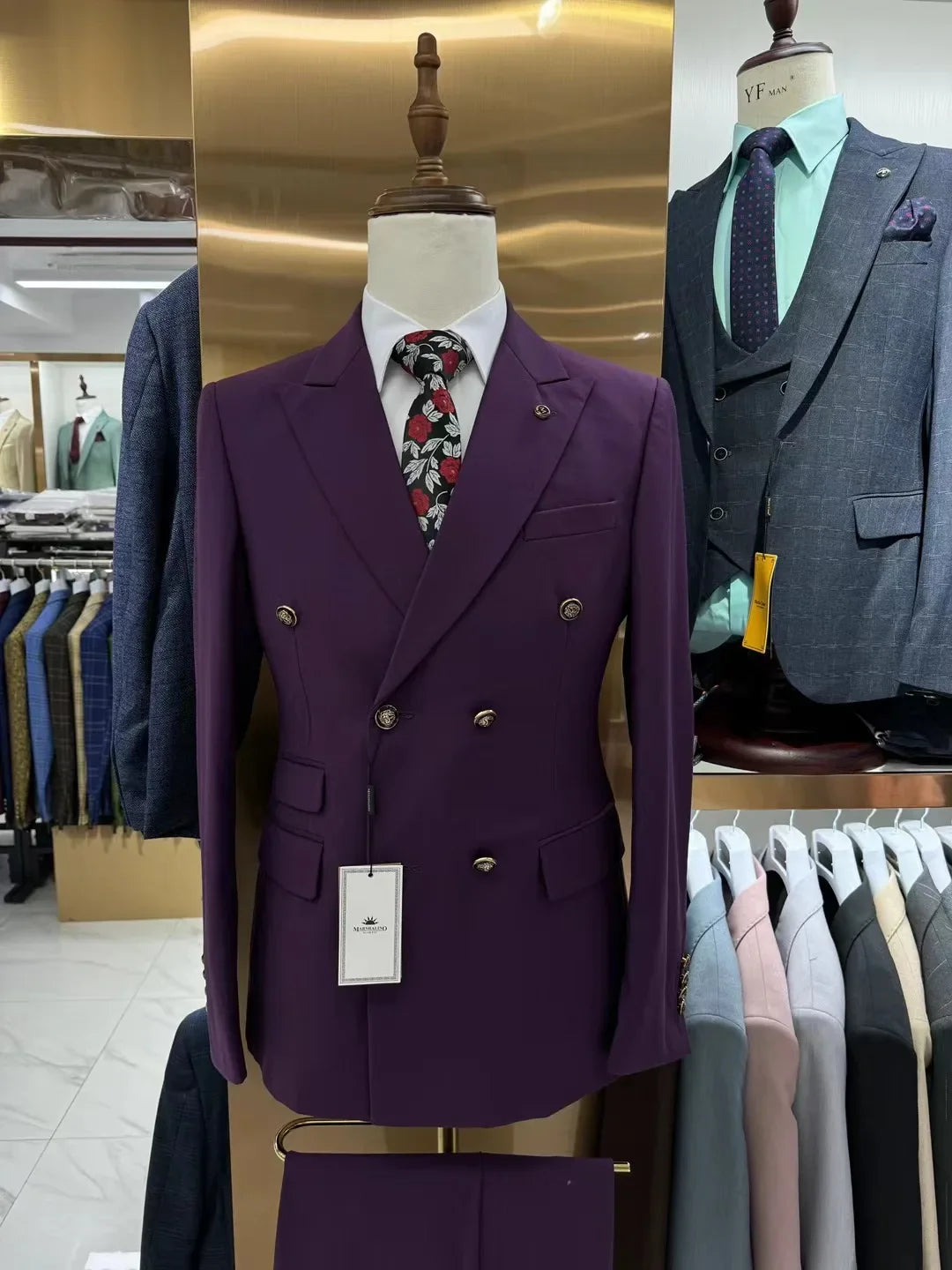 Men's double-breasted slim fit business suit by SHOWLU FASHION STORE, made of cotton, shown on a mannequin.