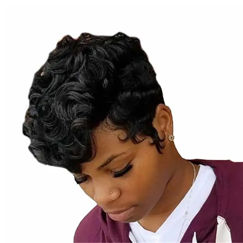 Short curly synthetic wig for women, African American style by Hairjoy, featuring natural black hair and a stylish, voluminous look.