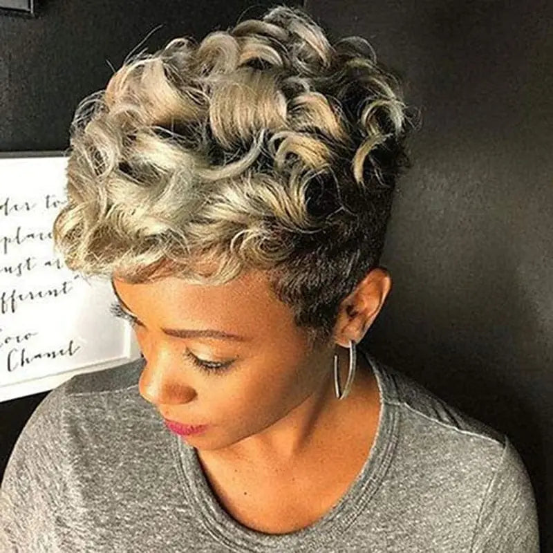 Short curly synthetic wig for women, African American style by Hairjoy, with natural black hair and layered curls.