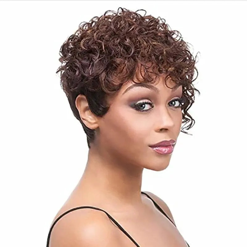 Short curly synthetic wig for women, African American style by Hairjoy, shown in a natural black color with voluminous curls.