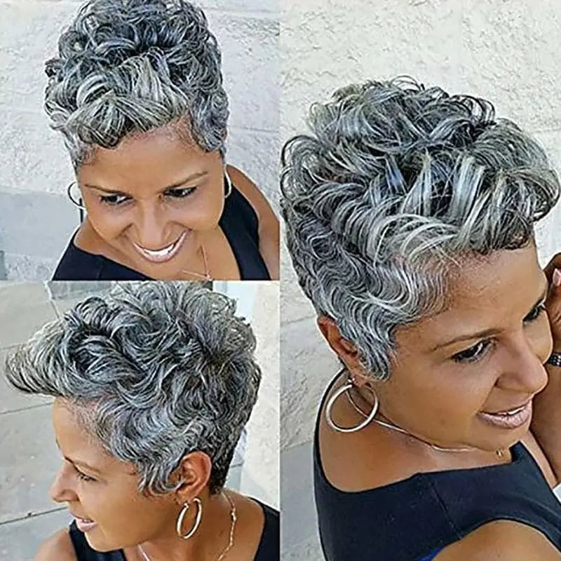 Short curly synthetic wig for women, African American style by Hairjoy, featuring natural black hair and a stylish, voluminous look.