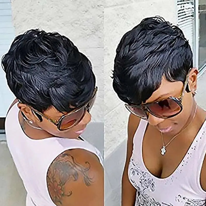 Short curly synthetic wig for women, African American style by Hairjoy, featuring natural black hair and a stylish, voluminous look.