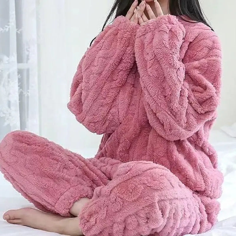 HELIAR women's velvet ribbed fleece pajama set with pullover and pants, cozy winter loungewear from Showlu Fashion Store.