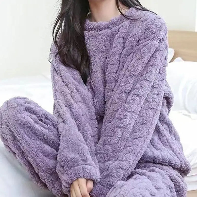 HELIAR women's velvet ribbed fleece pajama set with pullover and pants, warm and cozy loungewear for autumn and winter.