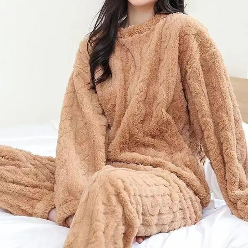 HELIAR women's velvet ribbed fleece pajama set with pullover top and matching pants, warm loungewear for autumn and winter.