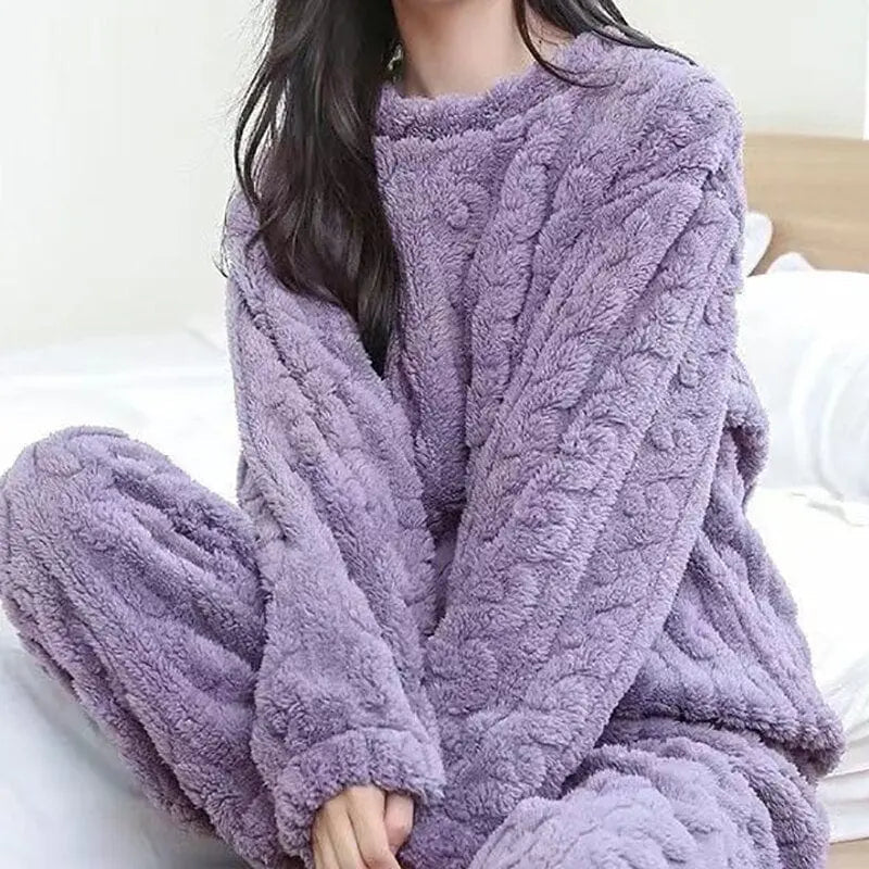HELIAR women's velvet ribbed fleece pajama set with pullover and pants, cozy winter loungewear from Showlu Fashion Store.
