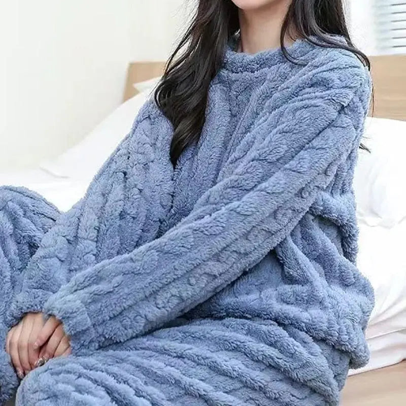 HELIAR women's velvet ribbed fleece pajama set with pullover and pants, warm and cozy loungewear for autumn and winter.