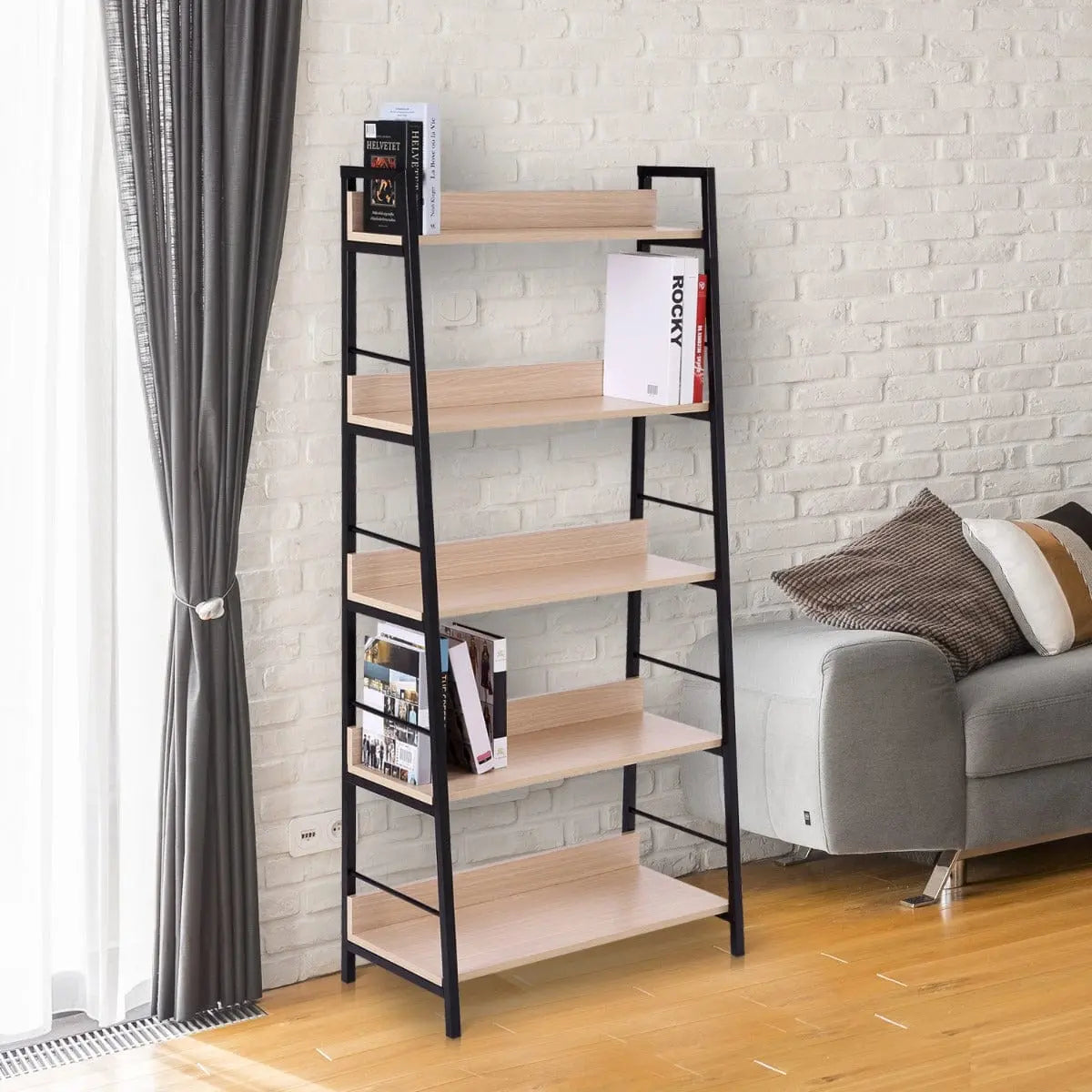 Taupe Shadow 5-tier wood bookcase with industrial ladder design for home storage and organization.