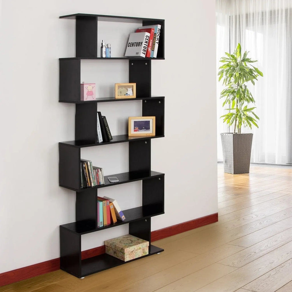 Taupe Shadow 6-tier S-shape wooden bookcase with black finish, versatile home and office display shelf with ample storage.