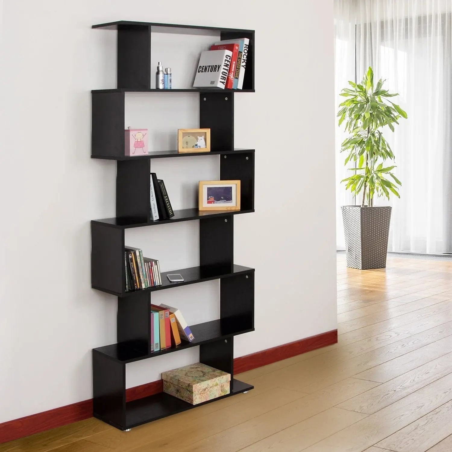 Taupe Shadow 6-tier S-shape wooden bookcase with black finish, versatile home and office display shelf with ample storage.