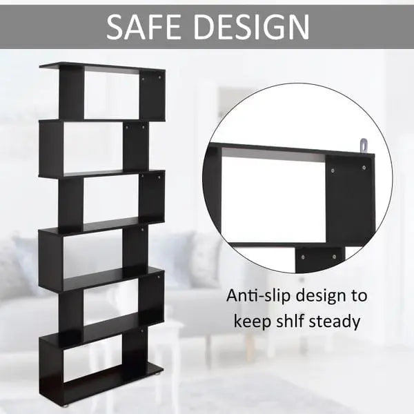 Taupe Shadow 6-tier S-shape wooden bookcase with black finish, featuring multiple shelves for home or office storage and display.