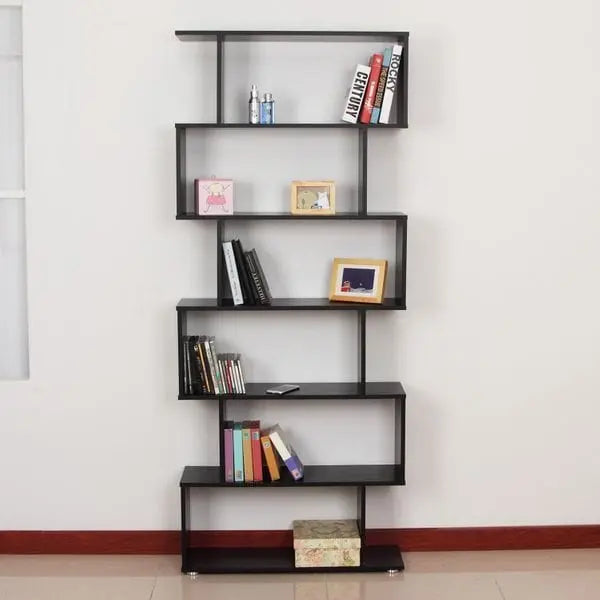 Taupe Shadow 6-tier S-shape wooden bookcase with black finish, ideal for home and office storage and display.