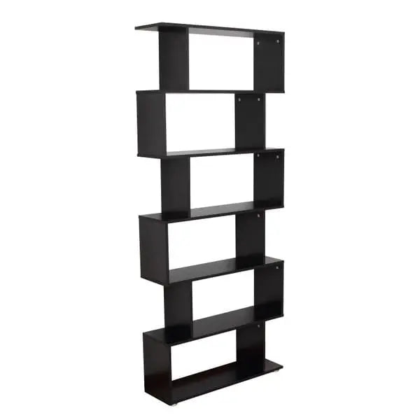 Taupe Shadow 6-tier S-shape wooden bookcase with black finish, featuring multiple shelves for home office or living room storage.