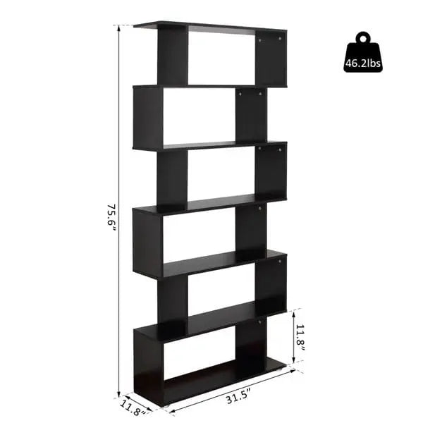 Taupe Shadow 6-tier S-shape wooden bookcase with black finish, featuring multiple shelves for home and office storage and display.