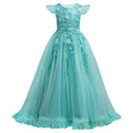 Girls flower lace sleeveless long dress, formal princess style for kids aged 4-15, suitable for weddings and special occasions.