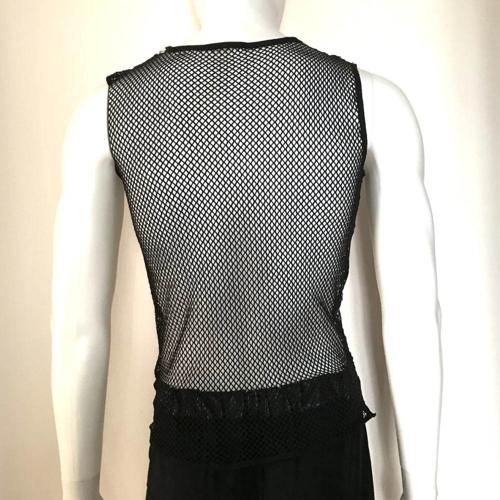 Plus size sleeveless black fishnet tank top for men, fashion-forward summer clubwear by Showlu Fashion.