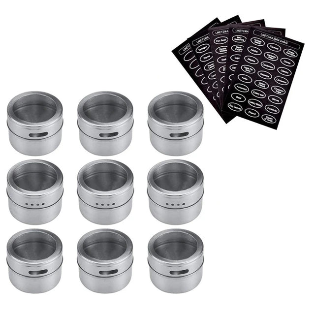 Magnetic stainless steel spice jar set from Showlu Smart General with labeled spice containers on a kitchen magnetic rack.